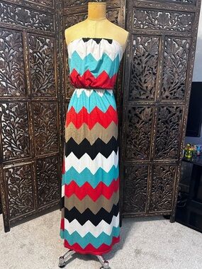 Chevron Strapless Maxi Dress in Teal, Red, Brown, Black & White